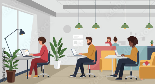 Collaborative work environment in a modern office creative space digital workspace bright ambiance co-working area. Vector illustration