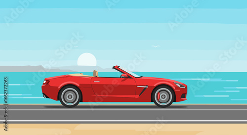 Driving a red convertible by the ocean digital illustration sunny beach environment side view perspective. Vector illustration