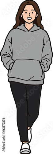 Young woman walking in casual grey hoodie and black pants with white sneakers vector illustration