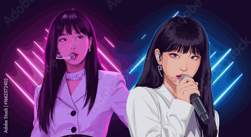 Dynamic performance by vocalists digital artwork vibrant background engaging atmosphere close-up view music concept. Vector illustration