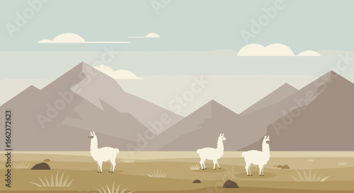Llamas grazing in serene mountain landscape digital illustration peaceful natural environment artistic view. Vector illustration