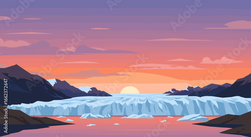 Sunset over glacial landscape icebergs and mountains digital art serene environment wide viewpoint nature's beauty. Vector illustration