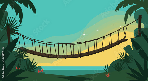 Exploring a tranquil suspension bridge overlooking the ocean at sunset tropical paradise illustration. Vector illustration