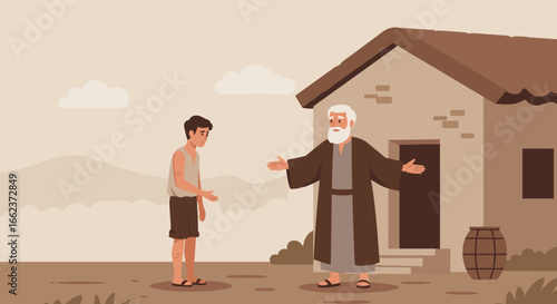 Compassionate encounter between two generations rural setting digital illustration warm environment side view human connection. Vector illustration