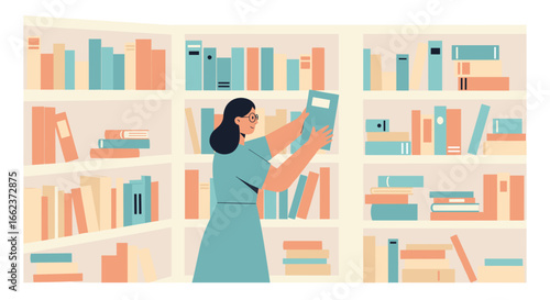 Organizing bookshelves a woman arranging books in a cozy library space. Vector illustration