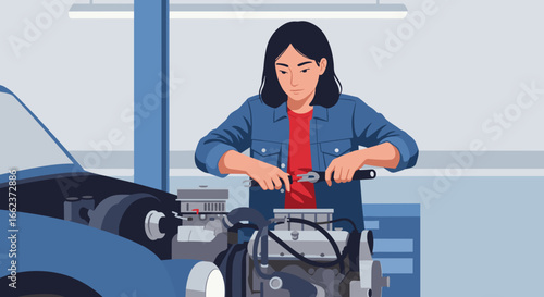 Car maintenance workshop female mechanic fixing engine components auto repair shop indoor close-up technical skills. Vector illustration
