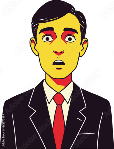Shocked businessman face expression vector illustration in suit and red tie with yellow and red color shading