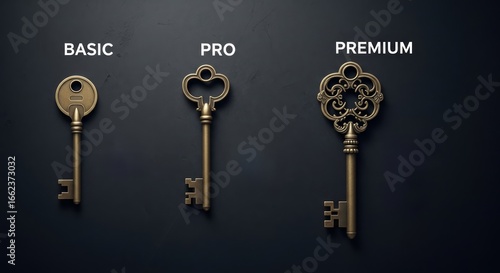 Three vintage keys on a dark background representing basic, pro, and premium service tiers.