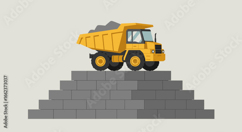 Heavy-duty dump truck hauling gravel construction site digital illustration urban environment side view industrial concept. Vector illustration
