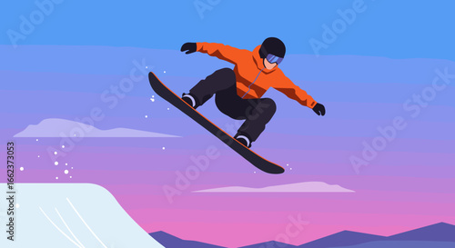 Snowboarder performing tricks in mountain terrain winter sports scene vibrant sunset background. Vector illustration