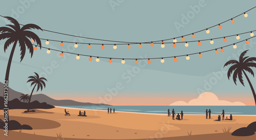 Beach gathering with string lights coastal paradise evening social event relaxing atmosphere scenic view fun vibes. Vector illustration