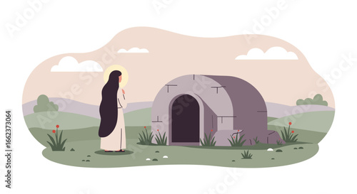 Resurrection scene depiction ancient tomb digital illustration serene landscape side view spiritual concept. Vector illustration