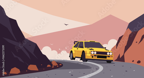 Dynamic car racing adventure on curvy mountain roads animated illustration scenic view speed and thrill. Vector illustration