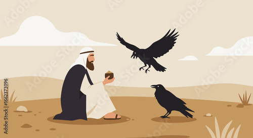 A man feeding crows in a desert landscape digital illustration calm environment side view nature and wildlife concept. Vector illustration