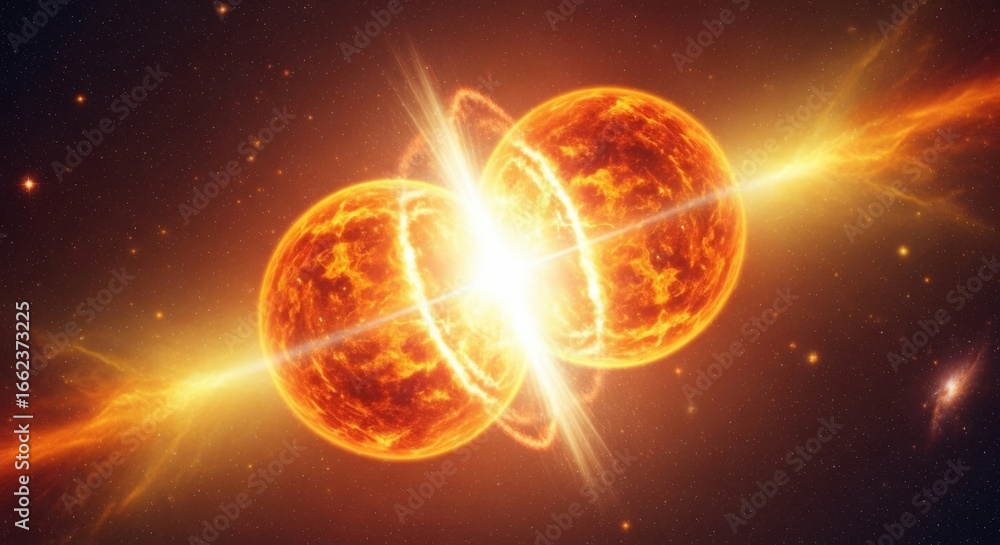 Obraz premium Simulated cataclysmic cosmic event featuring binary star system merger