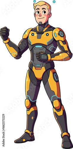 Futuristic male robot character in yellow and black armored suit standing with confident pose vector illustration