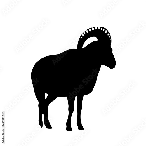 A solid black silhouette of a ram in profile view, facing left, with large spiraled horns. The ram stands firmly with a thick, muscular build against a pure white background. The composition is minima