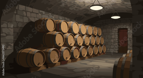 Exploration of a vintage wine cellar with wooden barrels underground storage digital art rustic ambiance perspective on heritage. Vector illustration