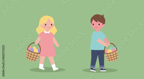 Children collecting colorful eggs outdoor setting illustration playful environment front view spring concept. Vector illustration