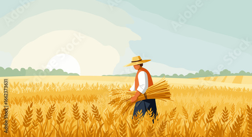 Harvesting wheat in golden fields rural landscape digital illustration peaceful environment side view agricultural growth. Vector illustration
