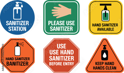Assorted Hand Sanitizer Signage Collection with Directions for Use and Availability in Multiple Shapes and Colors