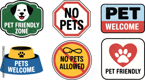 Assorted Pet Policy Signage Pet Friendly Zone, No Pets Allowed, and Pet Welcome Illustration