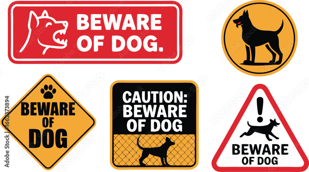 Obraz premium Assorted Warning Signs with 'Beware of Dog' Text and Dog Icons on a White Background