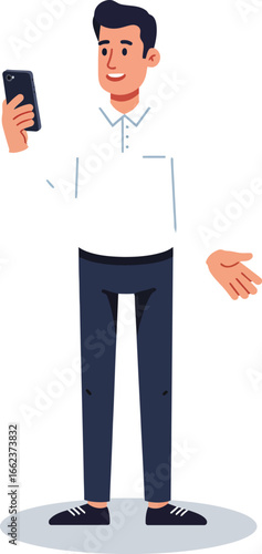 Young man standing and taking selfie with smartphone in casual white shirt and dark pants vector illustration