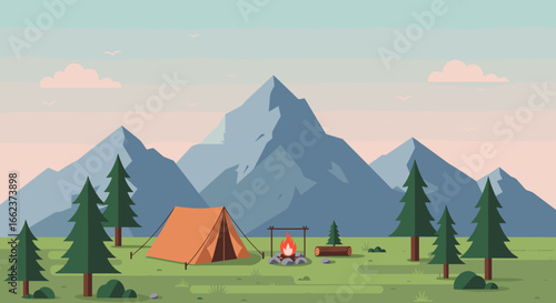 Camping adventure in the mountains a serene nature landscape with tents and fire. Vector illustration