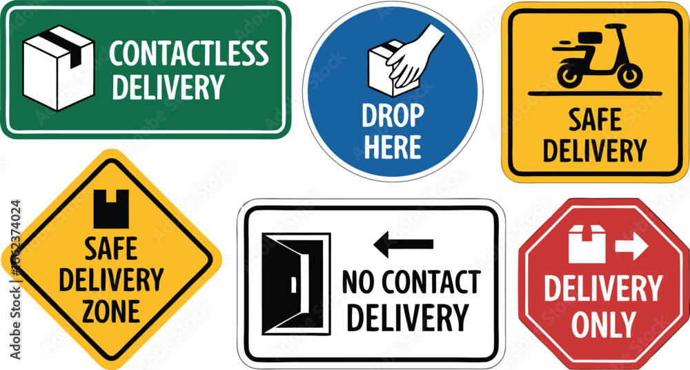 Obraz premium Assortment of Colorful Delivery Safety Signs Contactless, Drop Off, Safe Delivery Zone and More