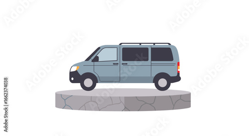 Car action on display pedestal urban setting digital art style minimalist viewpoint. Vector illustration