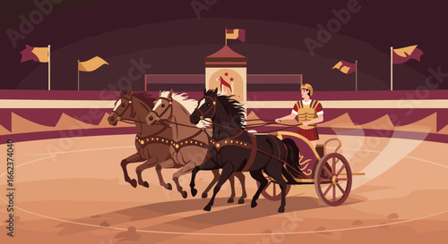 Chariot racing event ancient arena digital illustration exciting competition aerial perspective historical sport. Vector illustration