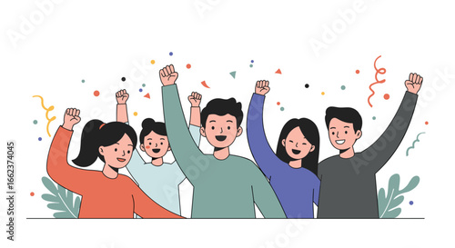 Celebrating together joyful gathering of friends colorful party atmosphere cheerful environment group viewpoint. Vector illustration