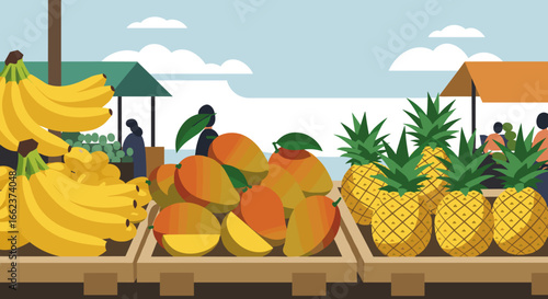 Vibrant fruit market scene coastal town illustration fresh produce aerial view culinary delight. Vector illustration