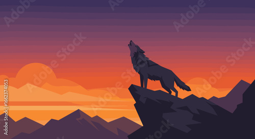 Howling wolf silhouetted against a vibrant sunset in a majestic mountain landscape. Vector illustration