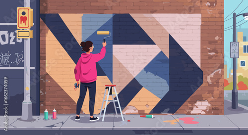 Street art creation urban mural painting city environment visual art artistic expression. Vector illustration