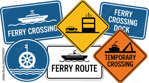 Assortment of Ferry Crossing and Route Warning Signs Depicting Boats, Docks, and Routes