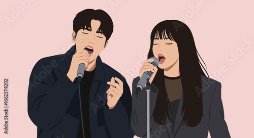 Live vocal performance by duo studio digital illustration colorful background engaging concept. Vector illustration
