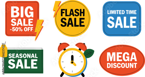 Bright Sale Banners and Stickers Featuring Big Savings, Limited Time, and Mega Discounts
