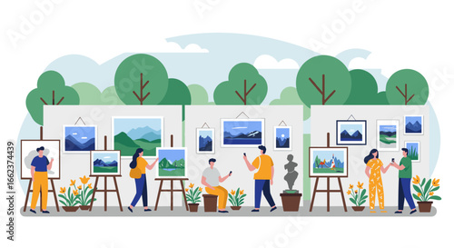 Art exhibition event featuring local artists outdoor gallery paintings scenic park wide angle community engagement. Vector illustration