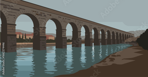 Historic aqueduct structure over river scenic landscape digital illustration tranquil environment aerial perspective. Vector illustration