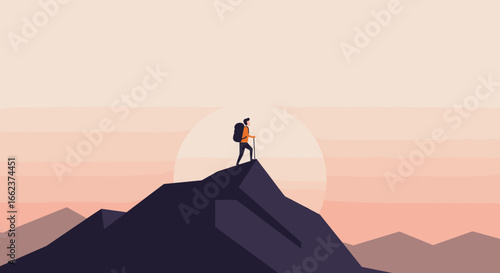 Hiking adventure mountain peak digital illustration nature elevated view exploration concept. Vector illustration
