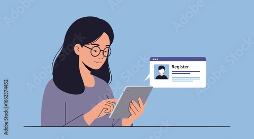 User registration process online environment digital interaction informative content engaging viewpoint. Vector illustration