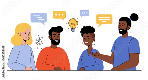 Collaborative brainstorming session among team members office space digital illustration creative environment eye-level view innovation concept. Vector illustration