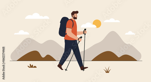 Hiking adventure at sunset mountain trail illustration outdoors side view exploration and nature. Vector illustration
