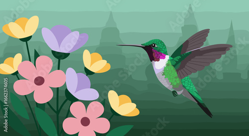 Hummingbird hovering over colorful flowers nature scene digital illustration tranquil environment side view beauty of wildlife. Vector illustration