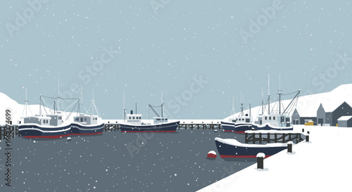 Fishing boats docked in a snowy harbor winter scene digital art peaceful atmosphere aerial view. Vector illustration