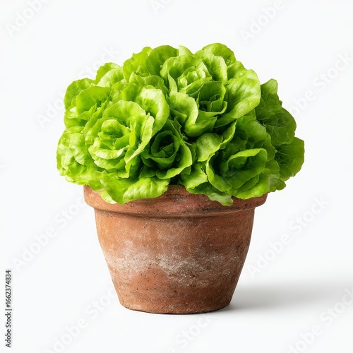 A vibrant green lettuce plant in a clay pot, a symbol of fresh produce