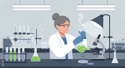 Laboratory experiment with beakers and microscope science lab illustration modern side view research and innovation. Vector illustration