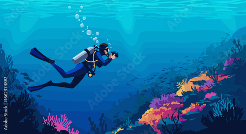 Underwater photography action coral reef ocean colorful marine life diver's perspective exploration concept. Vector illustration